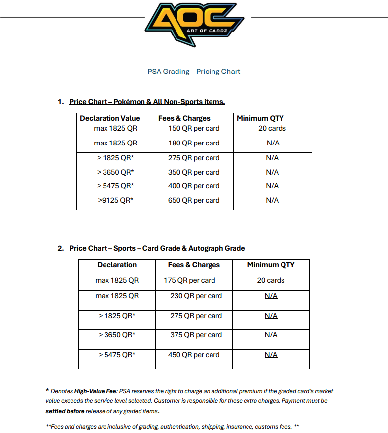 AOC PSA Grading Prices Qatar